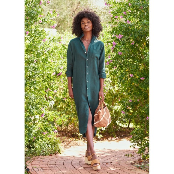 Frank & Eileen Rory Linen Shirt Dress Hunter Green Small Long Sleeve Casual EUC - Picture 1 of 6
